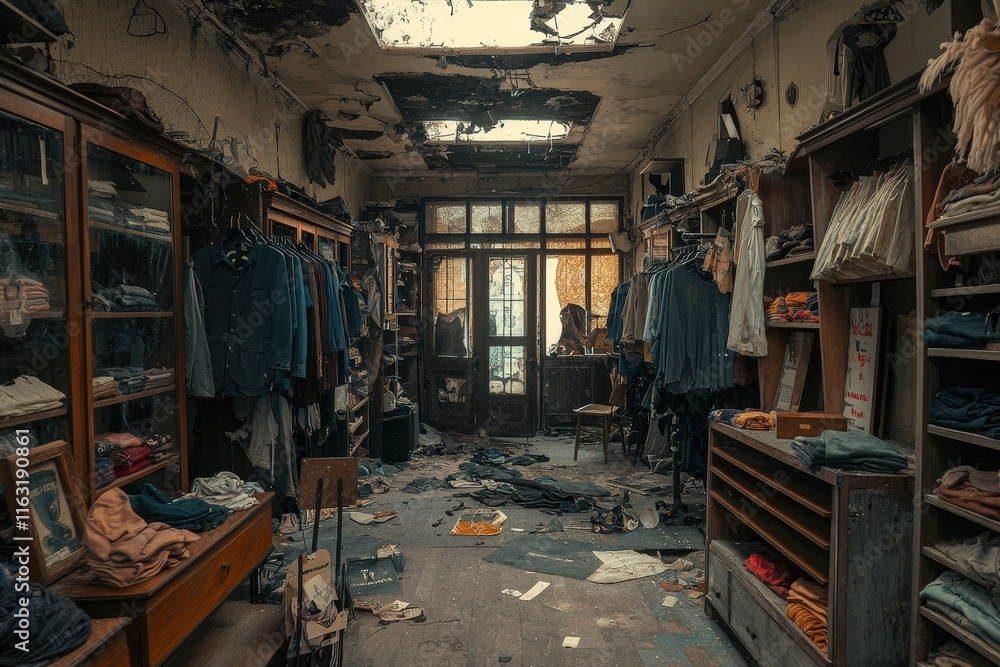 Abandoned clothing store interior slung derelict forsaken outcast