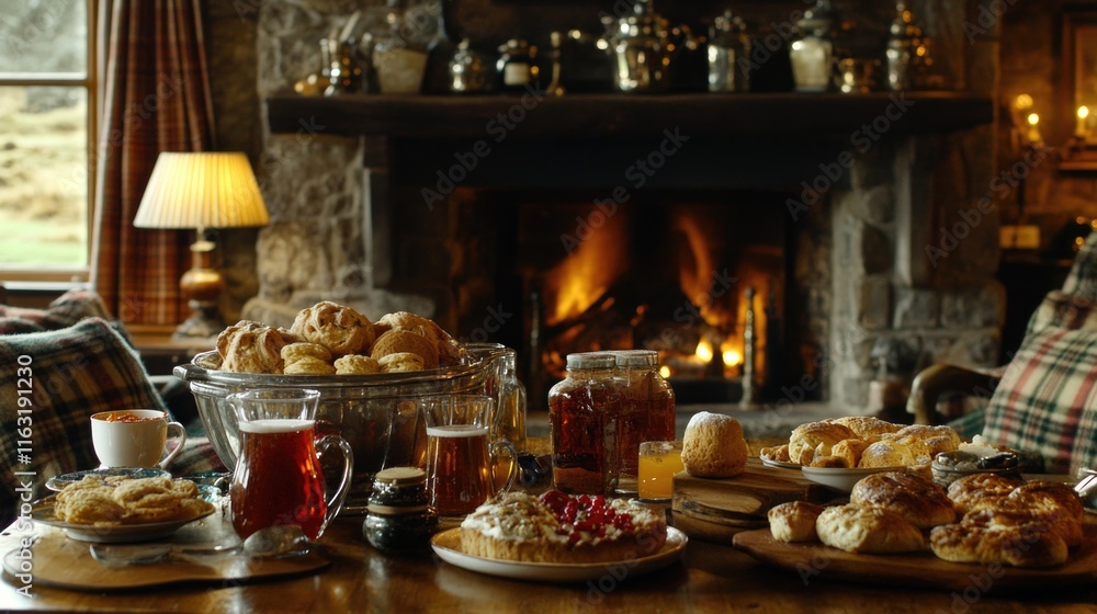 Cozy rustic fireplace breakfast with pastries and warm drinks in a cabin setting Cozy rustic fireplace breakfast with pastries and warm drinks in a cabin setting