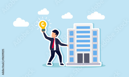 A businessman holding a building with his hand raised, showing a lamp labeled with the letter C, illustration of business legality with clear legal protection