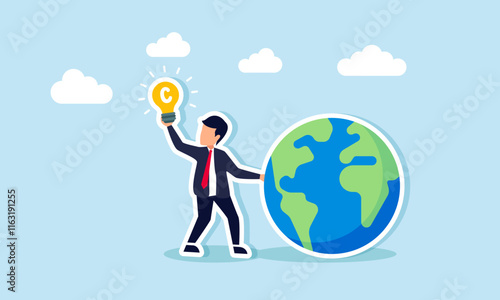 A businessman holding a globe with his hand raised, showing a lamp labeled with the letter C, illustration of business idea and innovation legality in becoming a top global business