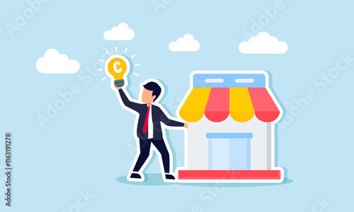 A businessman holding a store with his hand raised, showing a lamp labeled with the letter C, illustration of business idea and innovation legality in building a marketplace