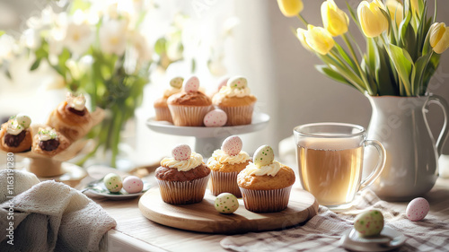 Wallpaper Mural A cozy Easter morning scene featuring a breakfast table beautifully arranged with freshly baked muffins, steaming tea, and colorful small chocolate eggs, creating a warm and inviting atmosphere. Torontodigital.ca