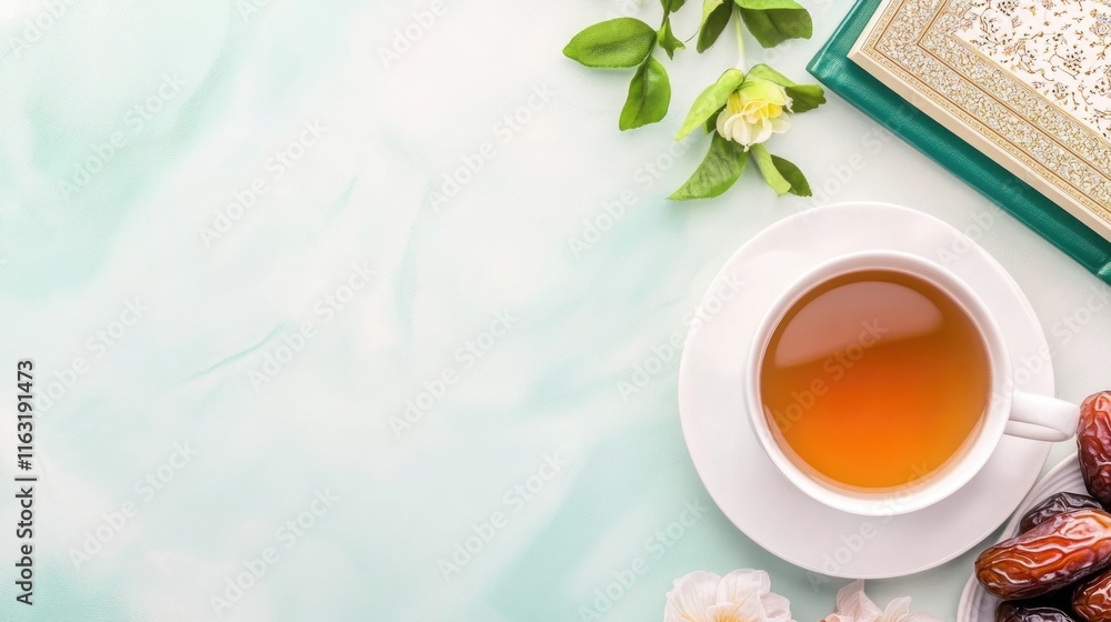 Tea with dates and quran on a green marble table with flowers. Ramadan Mubarak Tea with dates and quran on a green marble table with flowers. Ramadan Mubarak