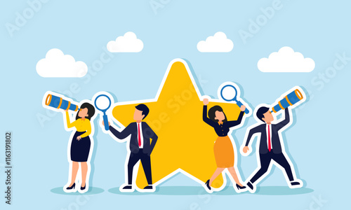 Businesspeople standing next to a star, observing the surroundings with a magnifying glass and telescope, illustration of observing and analyzing strategies to improve business quality