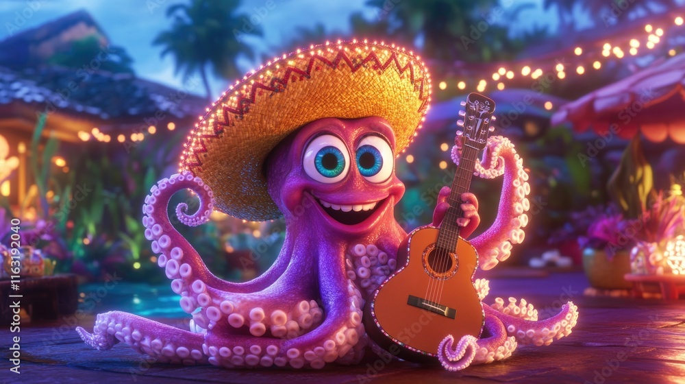 Fototapeta premium Playful octopus wearing sombrero and playing guitar at tropical fiesta Happy Cinco de mayo
