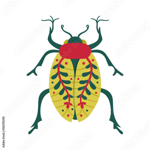 Beetle insect illustration. Retro fantasy bug with patterned wings. Stylized comic whimsical folk art bug clipart for children. Fancy funny abstract bug. Isolated vintage comic symbol vector design