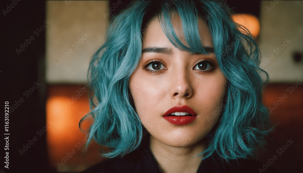 Fototapeta premium Portrait of a Young Woman with Blue Hair in a Shocked Expression