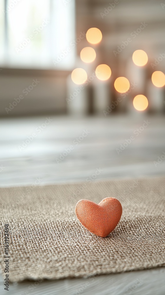 Fototapeta premium A charming orange heart sits on a textured surface, with soft, glowing lights in the background creating a warm, cozy atmosphere.