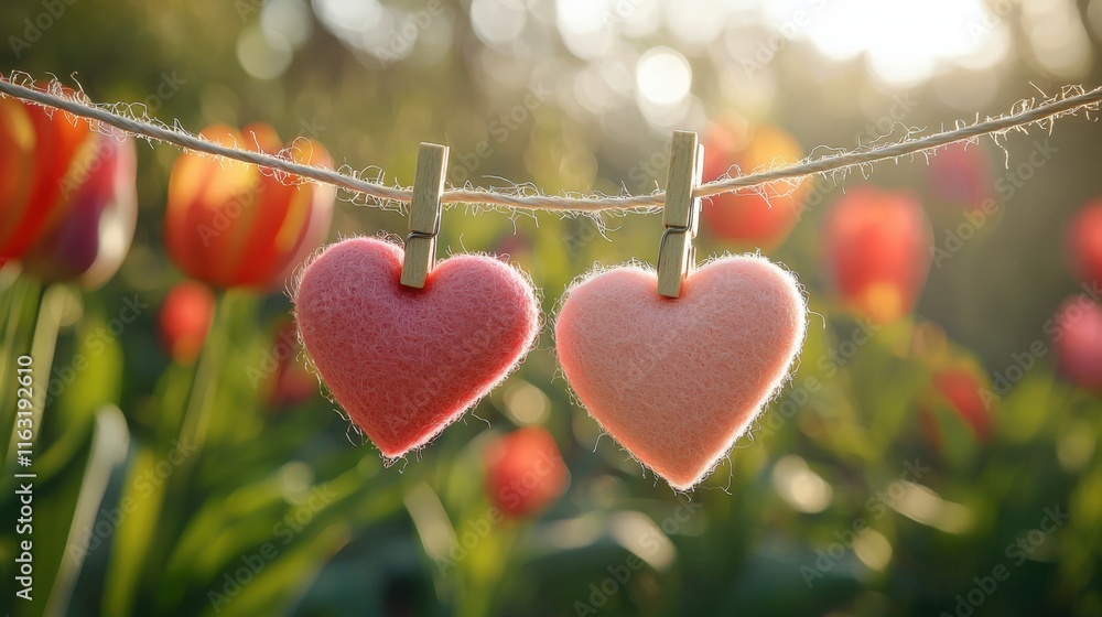 Two soft, felt hearts hang on a line in a vibrant garden, capturing a romantic and cheerful atmosphere. Two soft, felt hearts hang on a line in a vibrant garden, capturing a romantic and cheerful atmosphere.