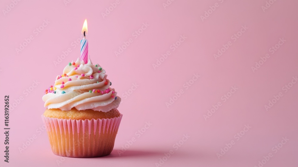 Single Birthday Cupcake with Candle on Pink Background Single Birthday Cupcake with Candle on Pink Background