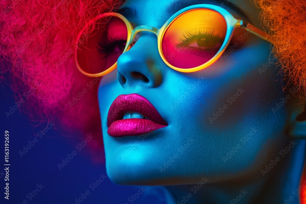 Vibrant female with neon makeup and colorful hair in sunglasses Vibrant female with neon makeup and colorful hair in sunglasses