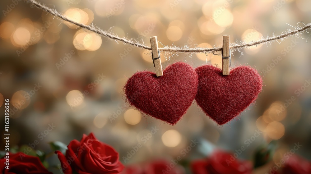 Soft, textured hearts hang against a blurred backdrop, embodying romance with delicate roses in the foreground. Soft, textured hearts hang against a blurred backdrop, embodying romance with delicate roses in the foreground.