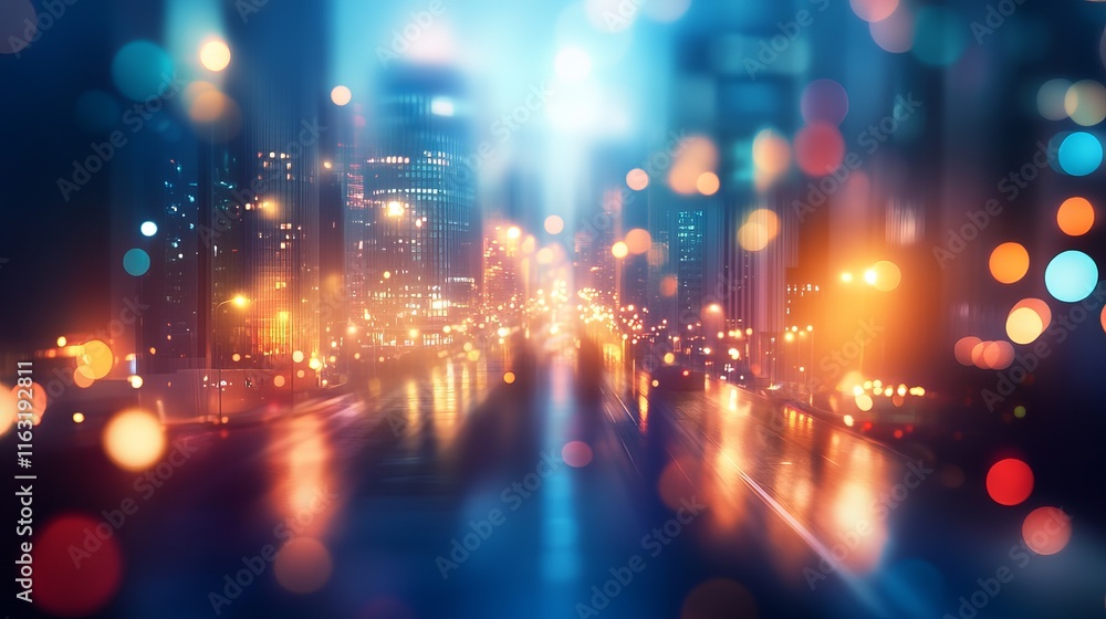 Glowing bokeh lights in night cityscape with modern urban atmosphere Glowing bokeh lights in night cityscape with modern urban atmosphere