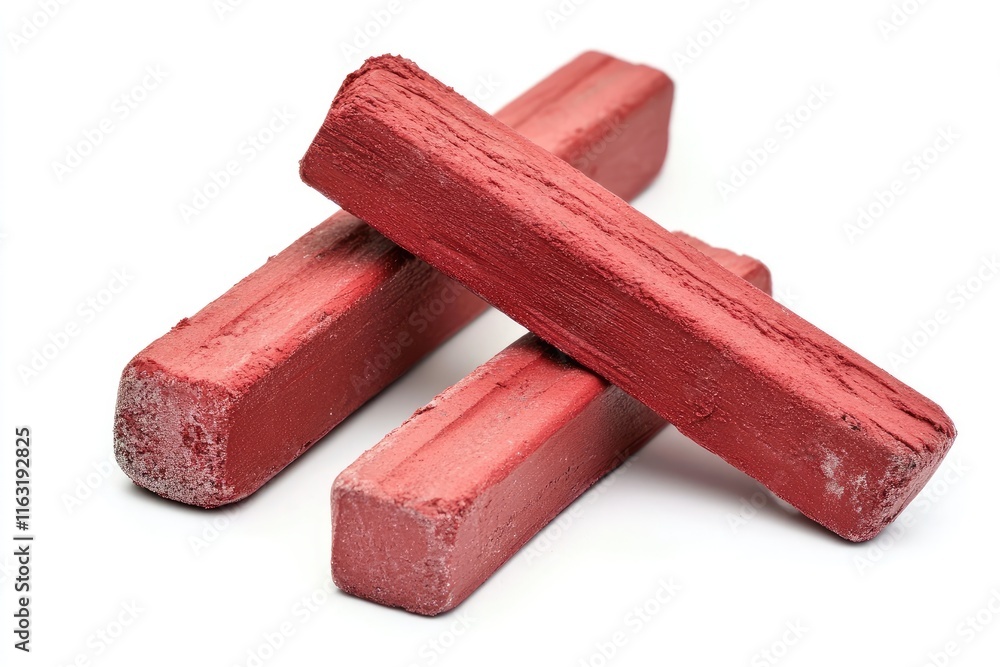 Three Red Chalk Sticks Arranged on White Background Three Red Chalk Sticks Arranged on White Background