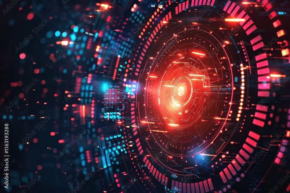 Futuristic digital design with glowing circular patterns and vibrant colors in a high-tech environment Futuristic digital design with glowing circular patterns and vibrant colors in a high-tech environment