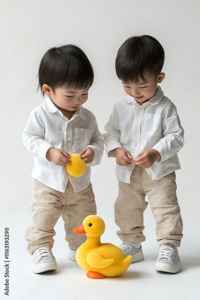 Two young Asian children in casual outfits play with yellow rubber duck toy. They are smiling and looking at toy. Children stand on white background. Scene suggests family moments and childhood joy. Two young Asian children in casual outfits play with yellow rubber duck toy. They are smiling and looking at toy. Children stand on white background. Scene suggests family moments and childhood joy.