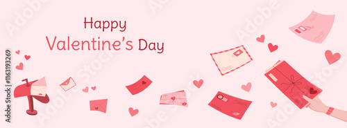 Trendy handmade valentine's day envelope concept, flat cute postcard flyer with heart, cartoon style hand sends romantic mail background, modern love letter with mailbox template poster