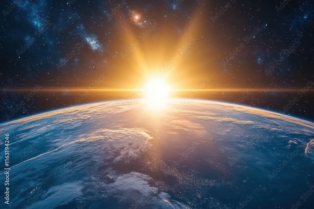 A breathtaking sunrise over Earth seen from space, with a glowing sun casting a warm light on the planet. The dark background of space is filled with stars. A breathtaking sunrise over Earth seen from space, with a glowing sun casting a warm light on the planet. The dark background of space is filled with stars.