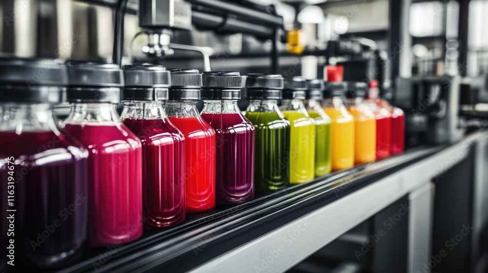 Modern production line for bottling and packaging natural juices and drinks. Concept of an industrial juice bottling plant, conveyor with juice Modern production line for bottling and packaging natural juices and drinks. Concept of an industrial juice bottling plant, conveyor with juice