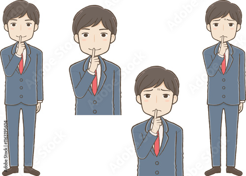 「お静かに」のポーズをするスーツ男性（表情2種）