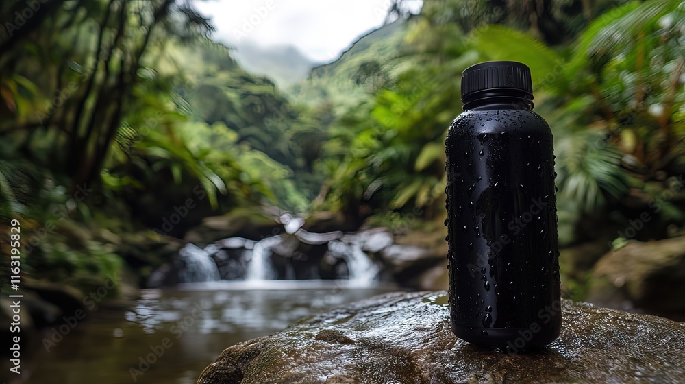 Black water bottle sits on a rock near a waterfall in a lush green jungle. Black water bottle sits on a rock near a waterfall in a lush green jungle.