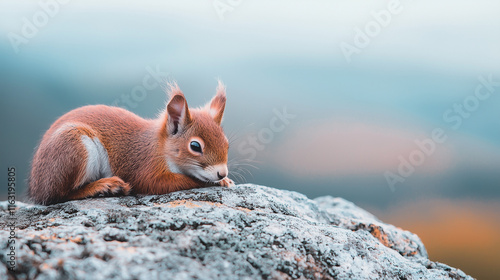 Red Squirrel on a Rock: A charming red squirrel rests peacefully on a rock, enjoying the serene landscape. Its fur glows in the soft light. photo