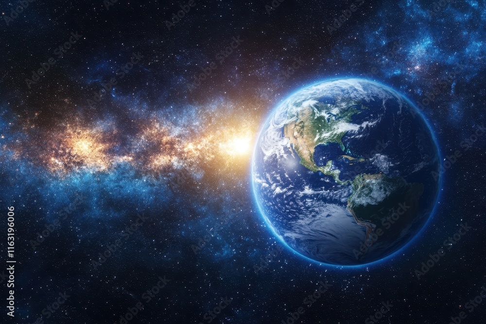 A stunning view of planet Earth from space, illuminated by the sun and surrounded by a backdrop of stars and the Milky Way galaxy. A stunning view of planet Earth from space, illuminated by the sun and surrounded by a backdrop of stars and the Milky Way galaxy.