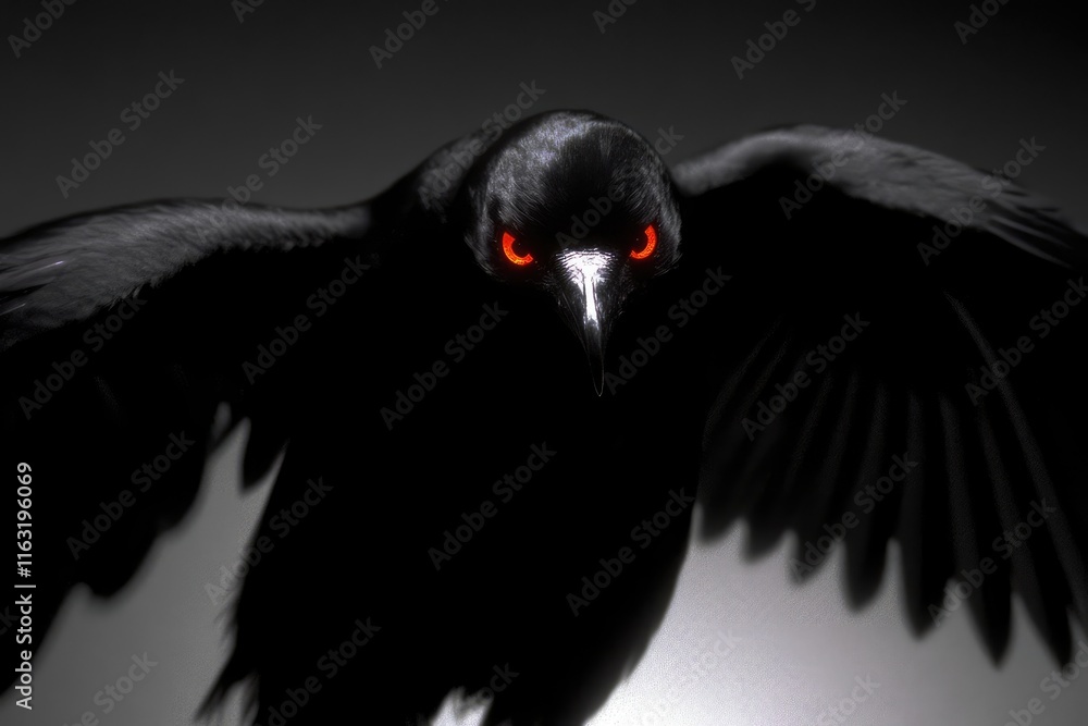 Dark Raven With Glowing Red Eyes Soaring In Shadow Dark Raven With Glowing Red Eyes Soaring In Shadow