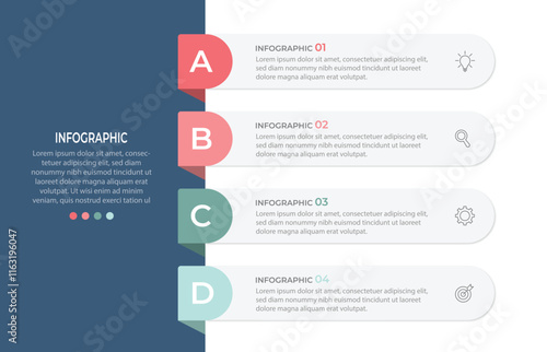 Vector Ilustration. Vertical infographic timeline 4 steps template. Milestone, Roadmap, Timeline, Business presentation.
