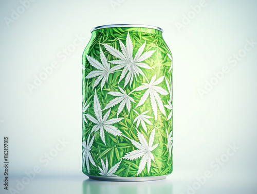 Green tallboy drink can with white marijuana leaves isolated on white background photo