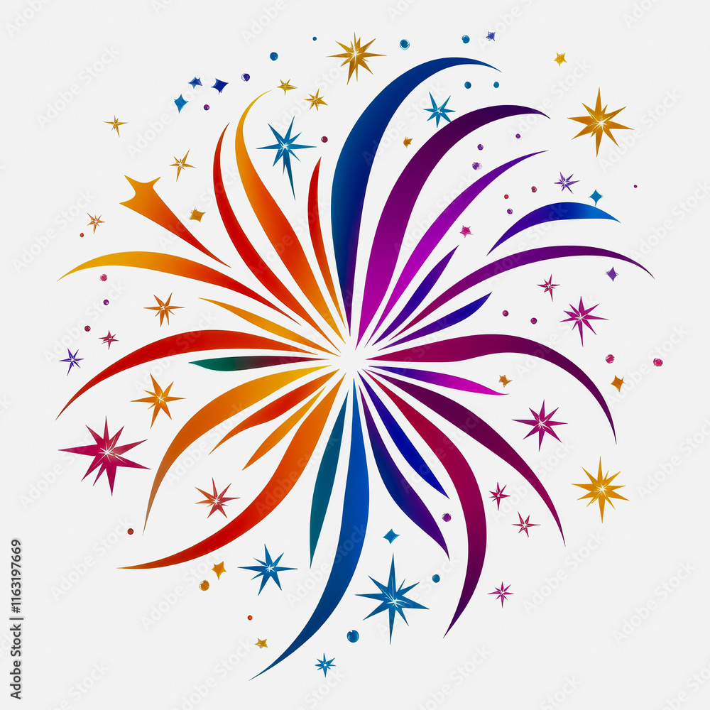 Fototapeta premium Colorful Fireworks Sparkling Decorations Stars and Cons for Celebrations and Events Iconic Flat Design Style
