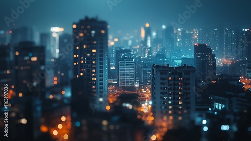 City lights and skyline blurred at night with glowing streetlights and buildings