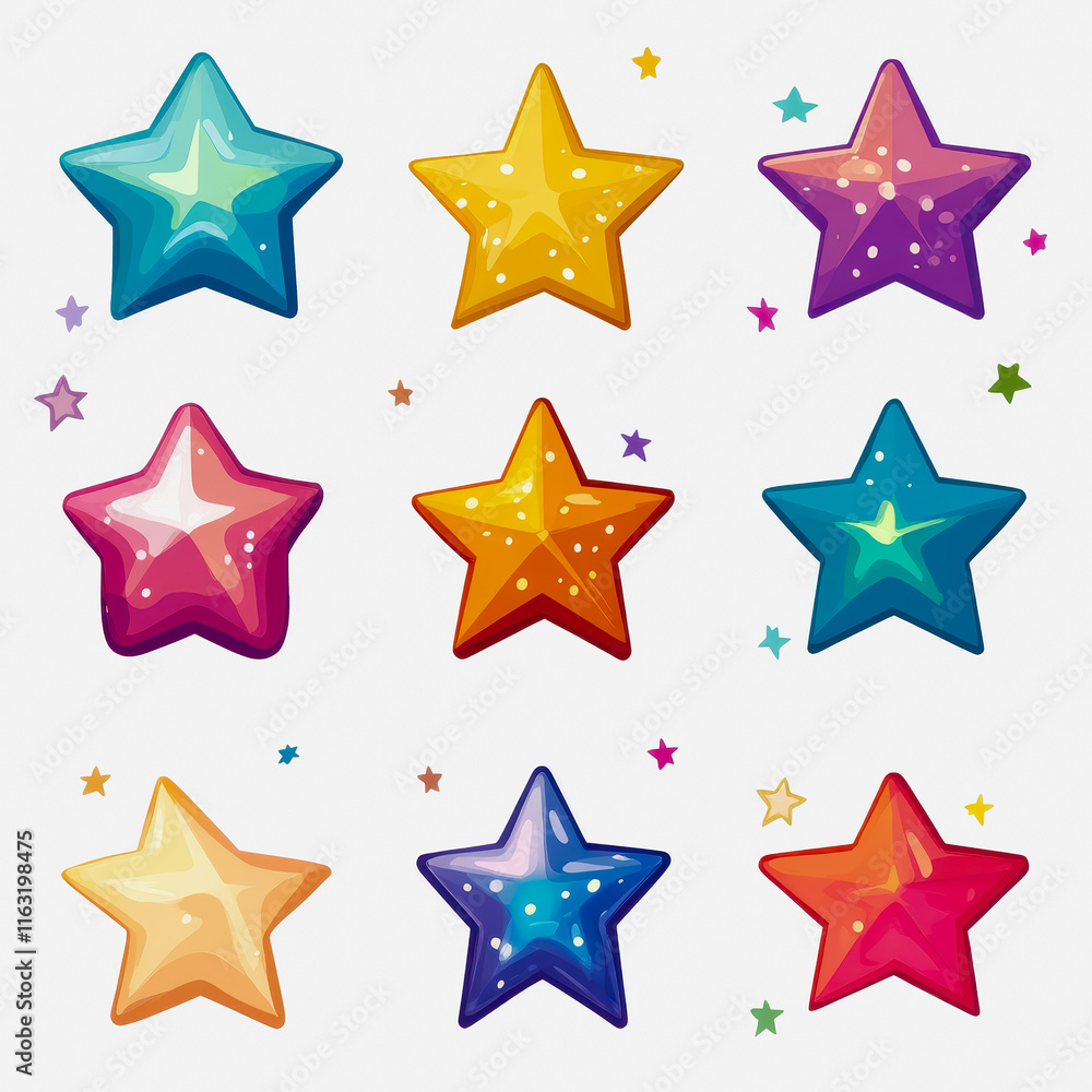 Fototapeta premium Colorful Glittering Stars Icon Set on White Background for Creative and Commercial Use in Design Projects