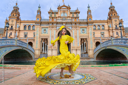 Niña tradicional española bailando flamenco en la ciudad de Sevilla, Andalucía, España, Europa. photo