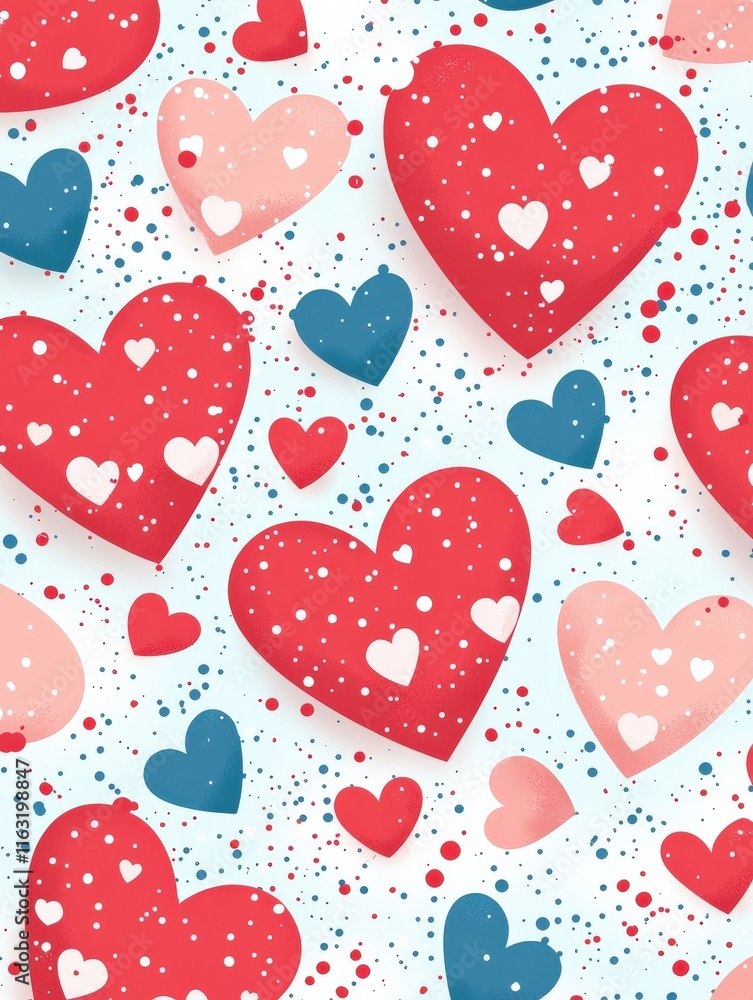A vibrant pattern featuring colorful hearts in red, pink, and blue against a light background, adorned with playful splashes. A vibrant pattern featuring colorful hearts in red, pink, and blue against a light background, adorned with playful splashes.