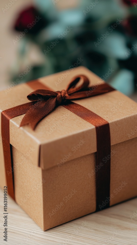 A beautifully wrapped gift box with a brown ribbon sits on a wooden surface, surrounded by a soft, blurred background of greenery and roses. A beautifully wrapped gift box with a brown ribbon sits on a wooden surface, surrounded by a soft, blurred background of greenery and roses.