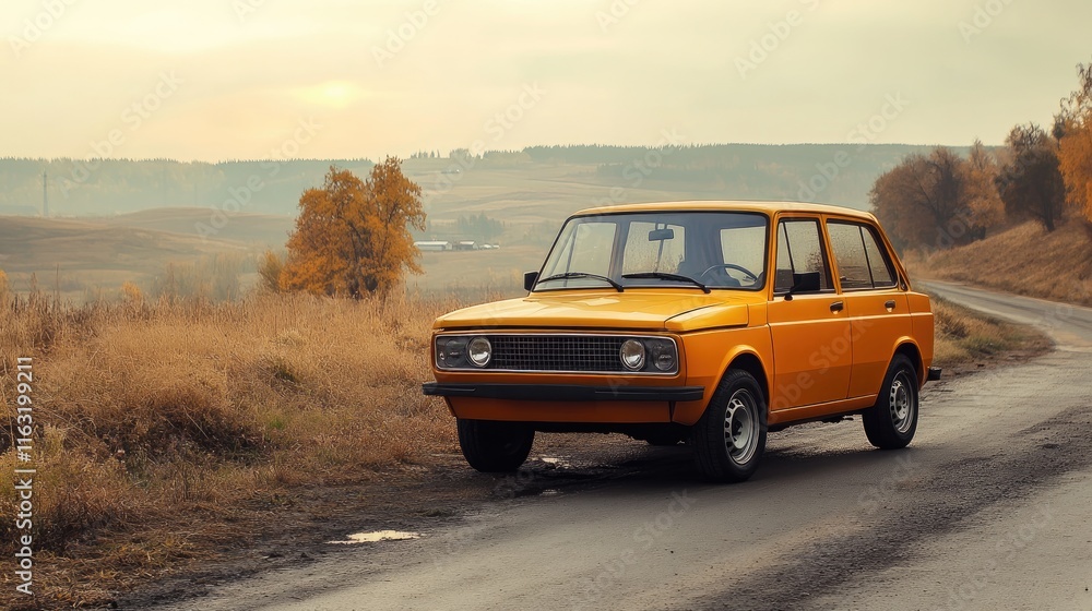 Orange Classic Car on Autumn Country Road Orange Classic Car on Autumn Country Road