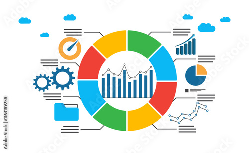 A vibrant infographic showcasing data analysis with charts, graphs, and tools, emphasizing interconnected insights and business intelligence.