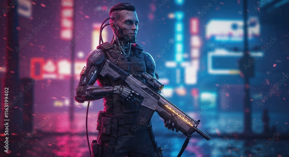 Fototapeta premium Futuristic cyberpunk soldier in neon cityscape at night with advanced armor and weapon