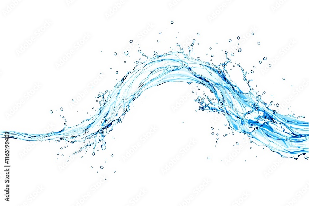 Splash of blue water in an artistic wave shape, detailed style, on a white background. Concept of freshness, purity, and energy. Ai generative