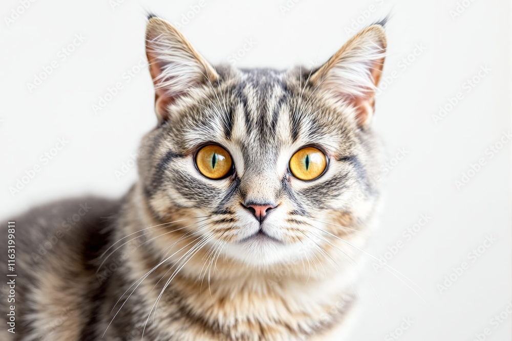 A detailed close-up of a tabby cat's face with vibrant yellow eyes, soft fur texture, and a curious expression on a white background. Concept of pets. Ai generative A detailed close-up of a tabby cat's face with vibrant yellow eyes, soft fur texture, and a curious expression on a white background. Concept of pets. Ai generative