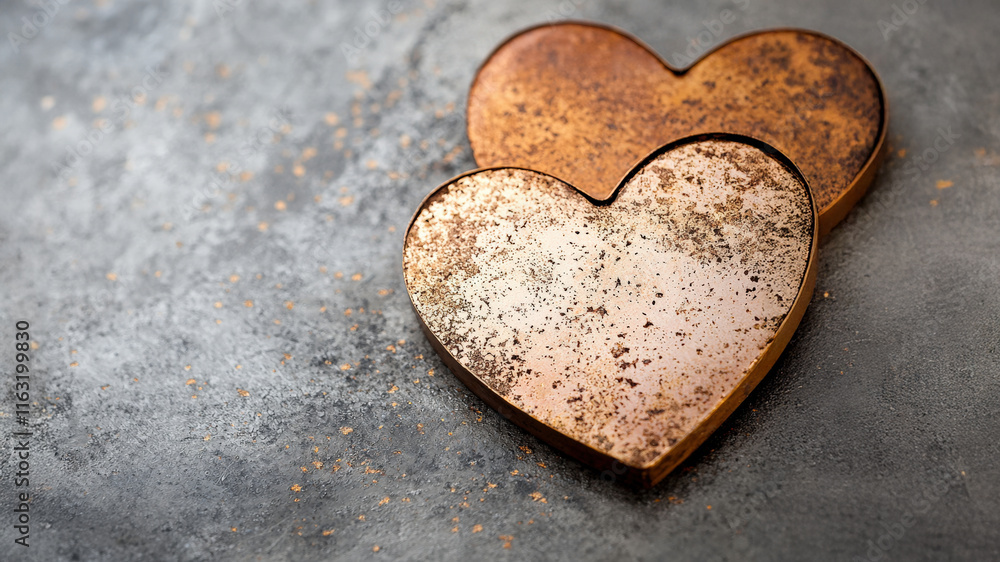 Obraz premium Two rustic hearts, one metallic and one corroded, rest on a textured surface, symbolizing love and weathering over time.