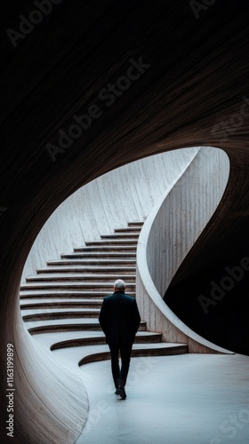 A solitary figure walks down a beautifully designed spiral staircase, illuminated softly, creating a serene and modern atmosphere.