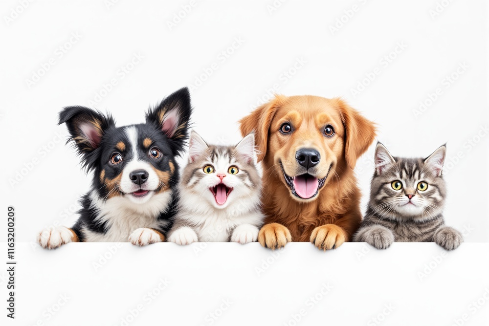 Two cheerful puppies and two adorable kittens leaning over a blank white surface, isolated on a bright white background. Concept of pets and friendship. Ai generative Two cheerful puppies and two adorable kittens leaning over a blank white surface, isolated on a bright white background. Concept of pets and friendship. Ai generative