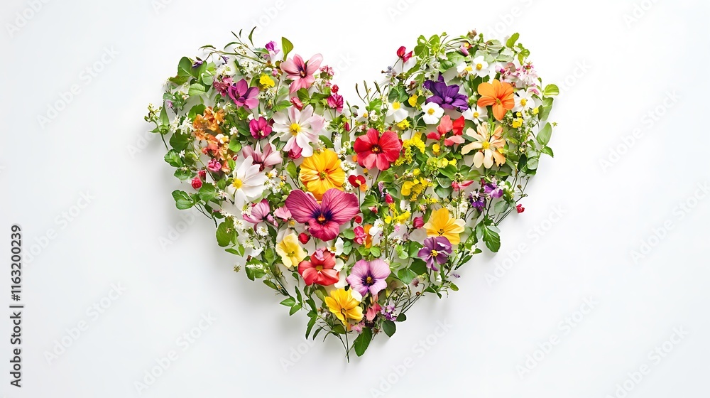 A heart shape created with a multitude of leaves and vibrant flowers on a white background, celebrating Valentinea??s Day, love, and the arrival of spring A heart shape created with a multitude of leaves and vibrant flowers on a white background, celebrating Valentinea??s Day, love, and the arrival of spring