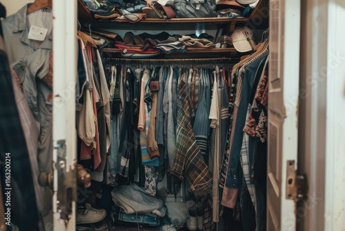 Vintage clothing rack displays a variety of colorful patterns and styles in a cozy shop atmosphere during the afternoon photo