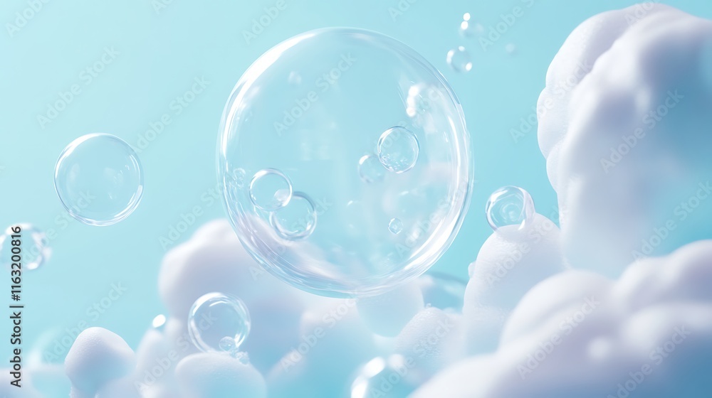 Detergent foam bubble on blue background, foam texture