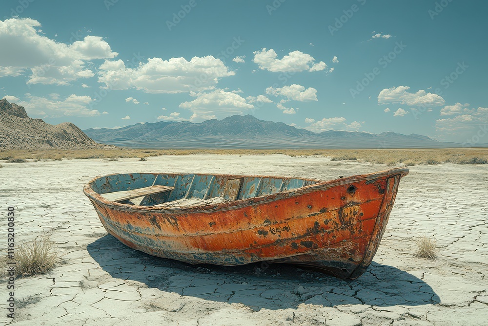 Cracked Lakebed with Abandoned Boat Under Blue Sky Cracked Lakebed with Abandoned Boat Under Blue Sky