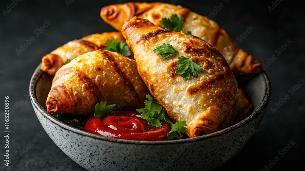 Delicious grilled empanadas with ketchup and cilantro