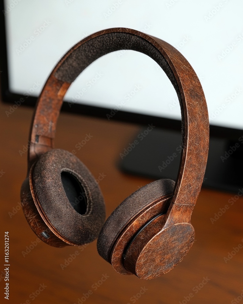 Stylish brown wooden headphones on a wooden table Stylish brown wooden headphones on a wooden table